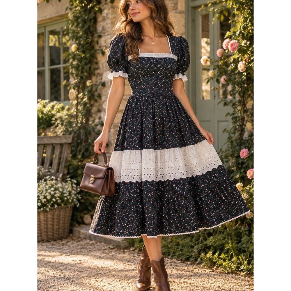 Vintage Prairie Dress Black Floral Eyelet Lace Tiered Square Neck Midi Puff